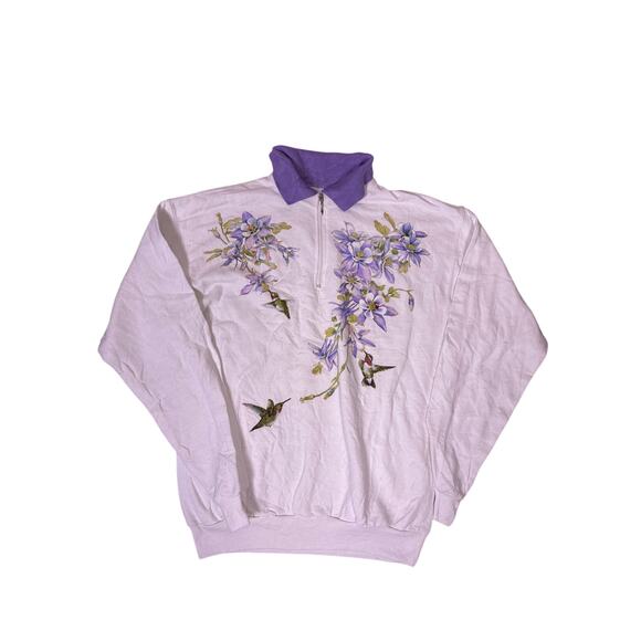 Artisans Sweaters - Vintage Cotton Hummingbird Floral Collared Quarter Zip M Knit Grandma Cottagcore